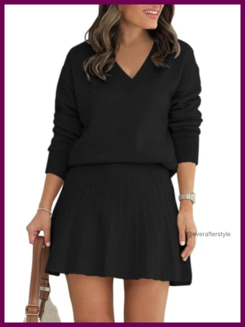 Womens 2 Piece Sweater Skirt Set Long Sleeve V Neck Pleated Mini Skirt Fall